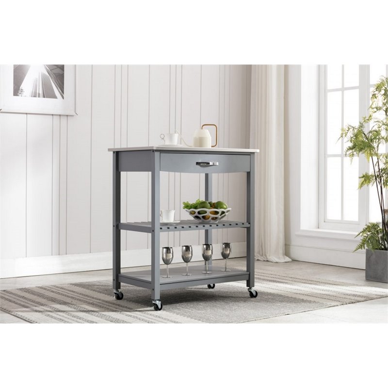 Bowery Hill Wood Kitchen Cart with Stainless Steel Top in Gray