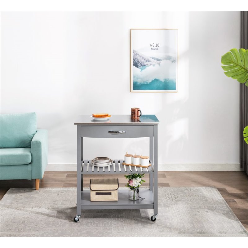 Bowery Hill Wood Kitchen Cart with Stainless Steel Top in Gray