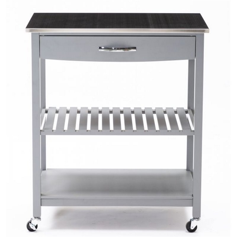 Bowery Hill Wood Kitchen Cart with Stainless Steel Top in Gray