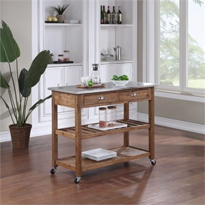 Bowery Hill Kitchen Cart with Stainless Steel Top - Barnwood Wire-Brush