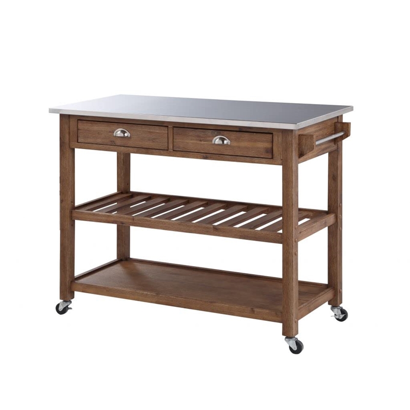 Bowery Hill Kitchen Cart with Stainless Steel Top - Barnwood Wire-Brush
