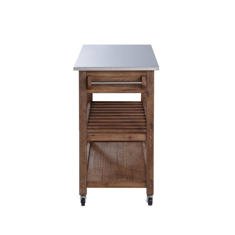 Bowery Hill Kitchen Cart with Stainless Steel Top - Barnwood Wire-Brush