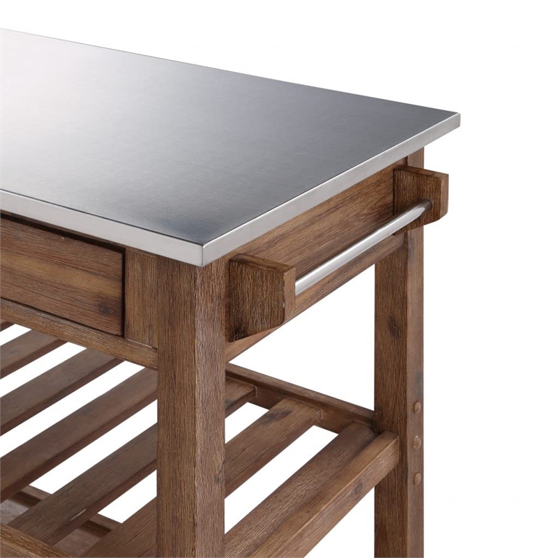 Bowery Hill Kitchen Cart with Stainless Steel Top - Barnwood Wire-Brush