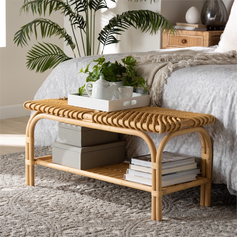 Bowery Hill Modern Bohemian Natural Brown Rattan Accent Bench