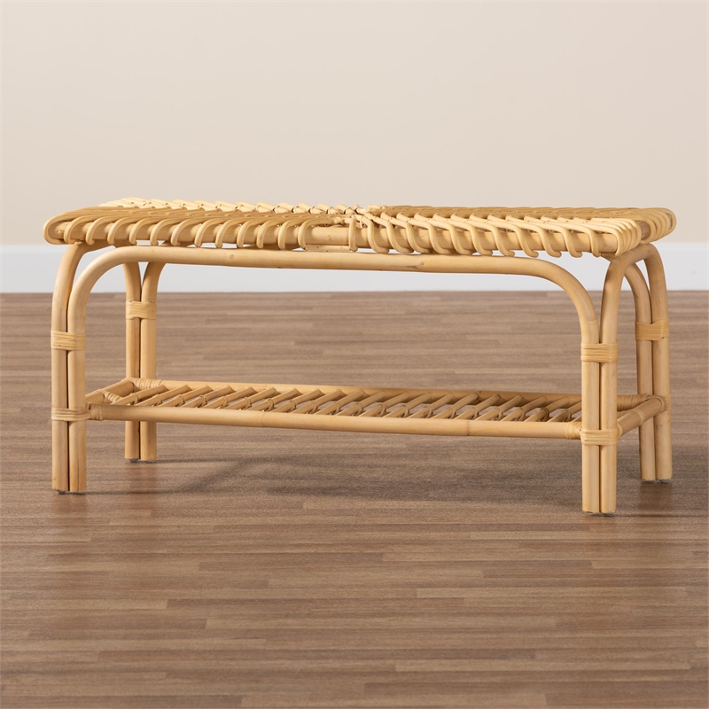 Bowery Hill Modern Bohemian Natural Brown Rattan Accent Bench