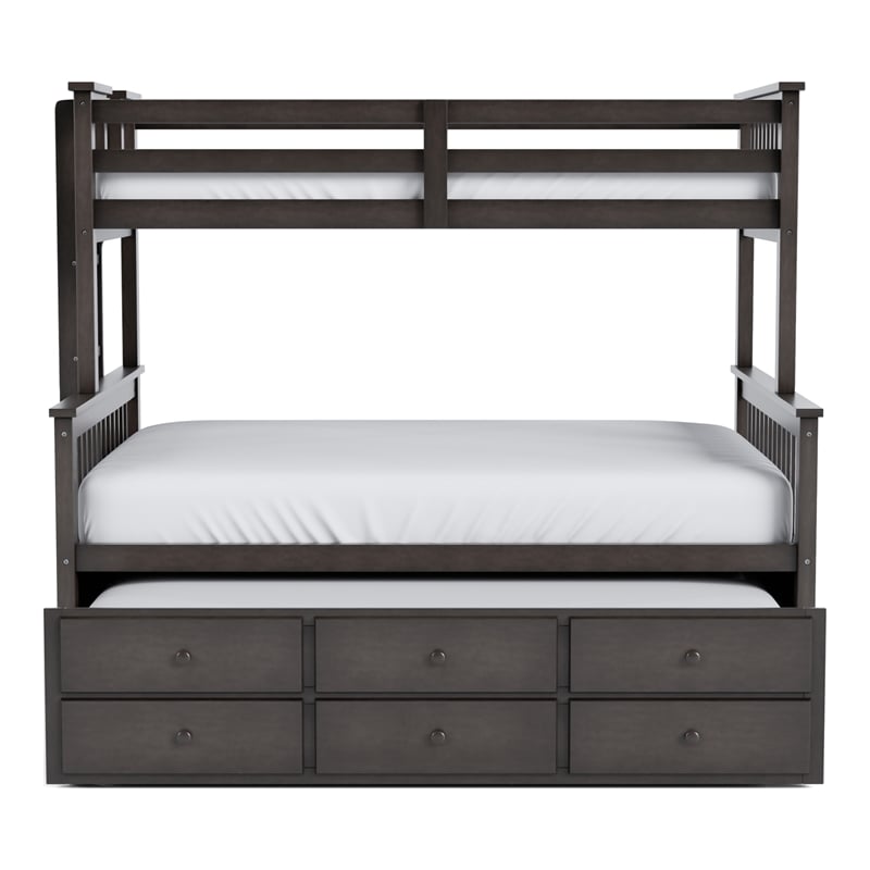 Bowery Hill Wood Twin over Full Bunk Bed with Trundle and Drawers in Stain Gray