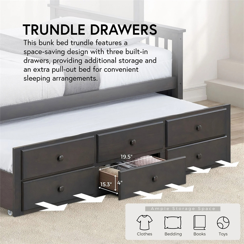 Bowery Hill Wood Twin over Full Bunk Bed with Trundle and Drawers in Stain Gray