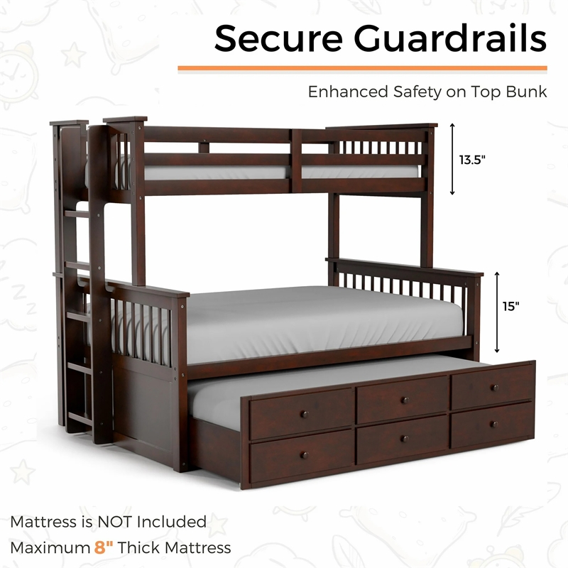 Bowery Hill Wood Twin over Full Bunk Bed with Trundle and Drawers in Stain Gray
