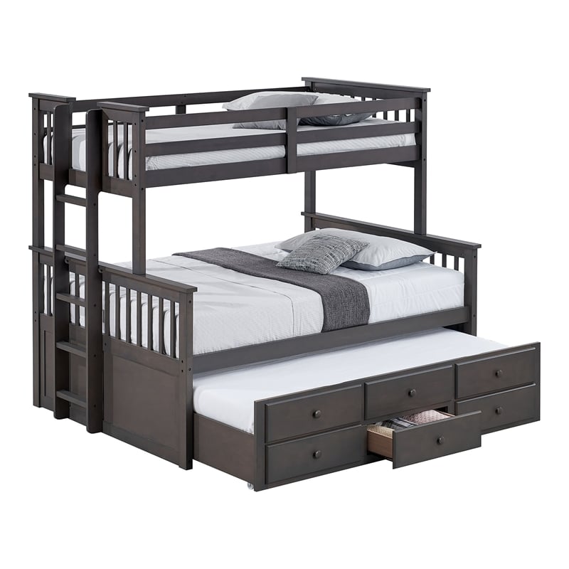 Bowery Hill Wood Twin over Full Bunk Bed with Trundle and Drawers in Stain Gray