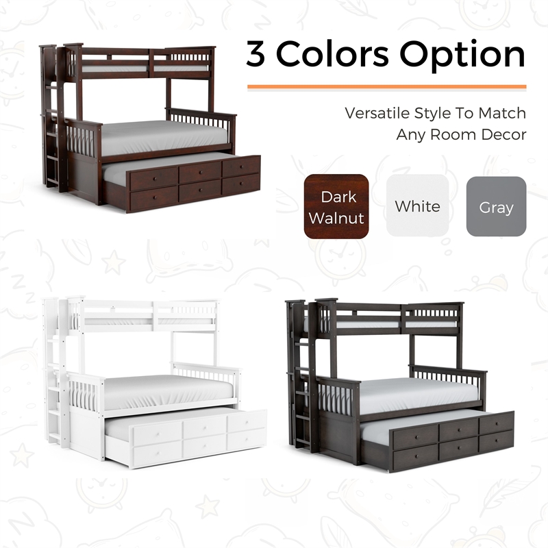 Bowery Hill Wood Twin over Full Bunk Bed with Trundle and Drawers in Stain Gray