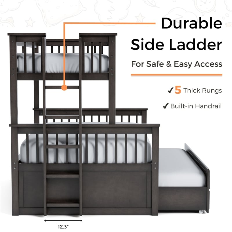 Bowery Hill Wood Twin over Full Bunk Bed with Trundle and Drawers in Stain Gray