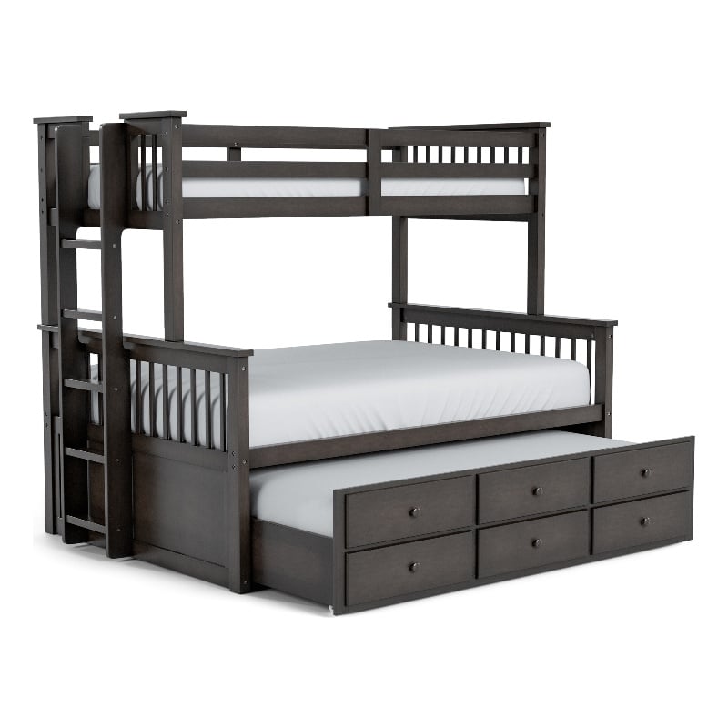 Bowery Hill Wood Twin over Full Bunk Bed with Trundle and Drawers in Stain Gray