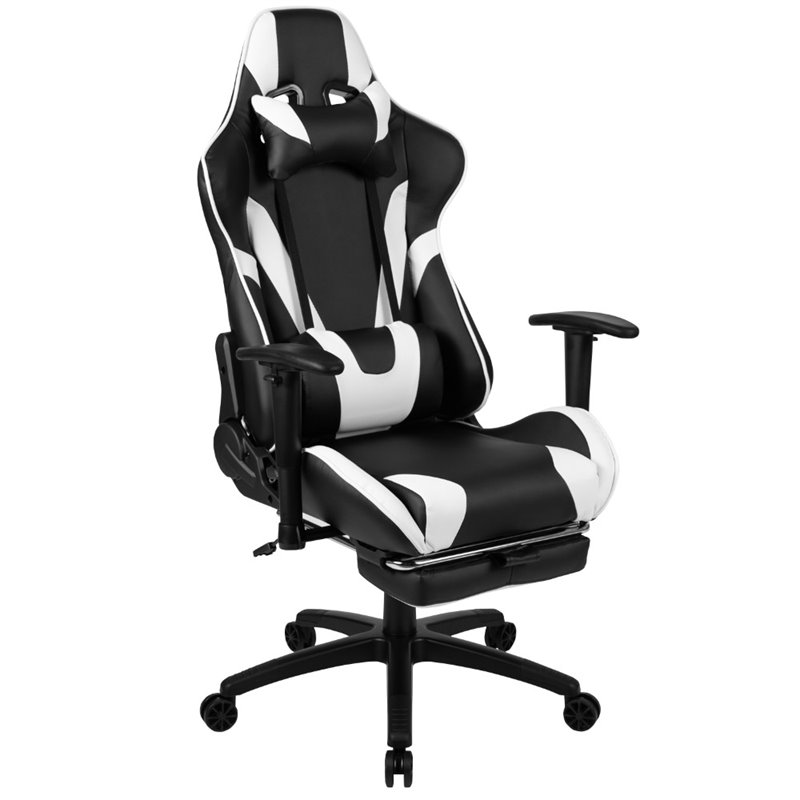 Bowery Hill Leather Racing Swivel Reclining Gaming Chair in Black and White