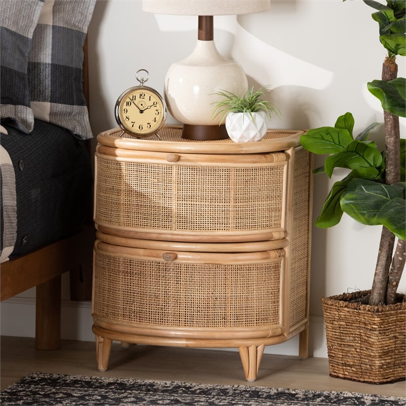 Bowery Hill Modern Bohemian Natural Brown Rattan 2-Drawer Nightstand