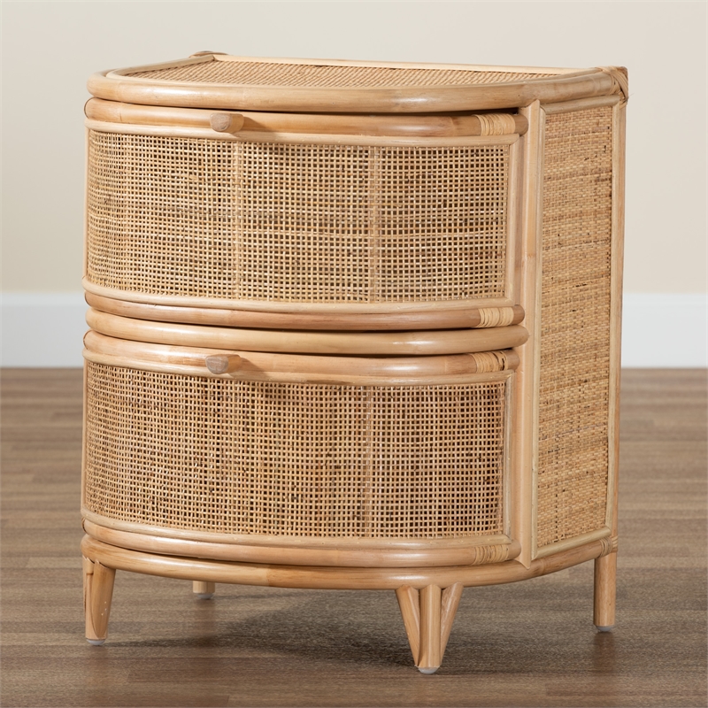 Bowery Hill Modern Bohemian Natural Brown Rattan 2-Drawer Nightstand