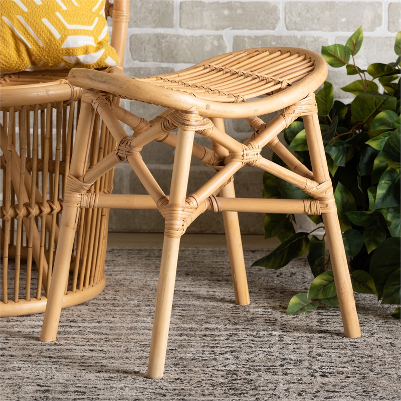 Bowery Hill Contemporary Bohemian Natural Brown Rattan Footstool