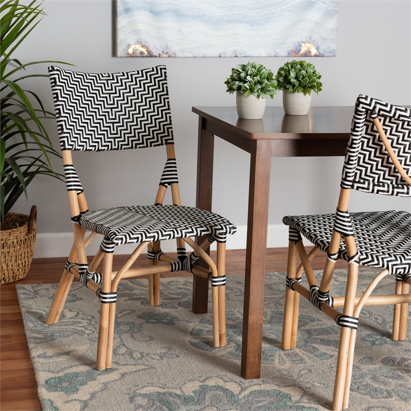 Bowery Hill Black and White Weaving and Natural Rattan Chair