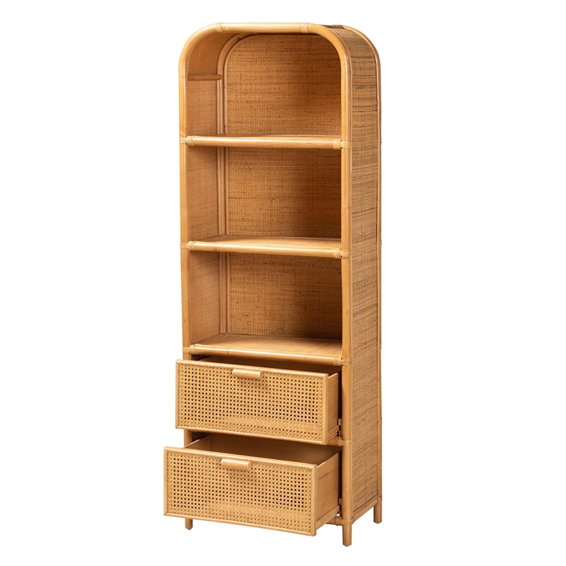 Bowery Hill Modern Bohemian Light Honey Rattan 2-Drawer Bookcase