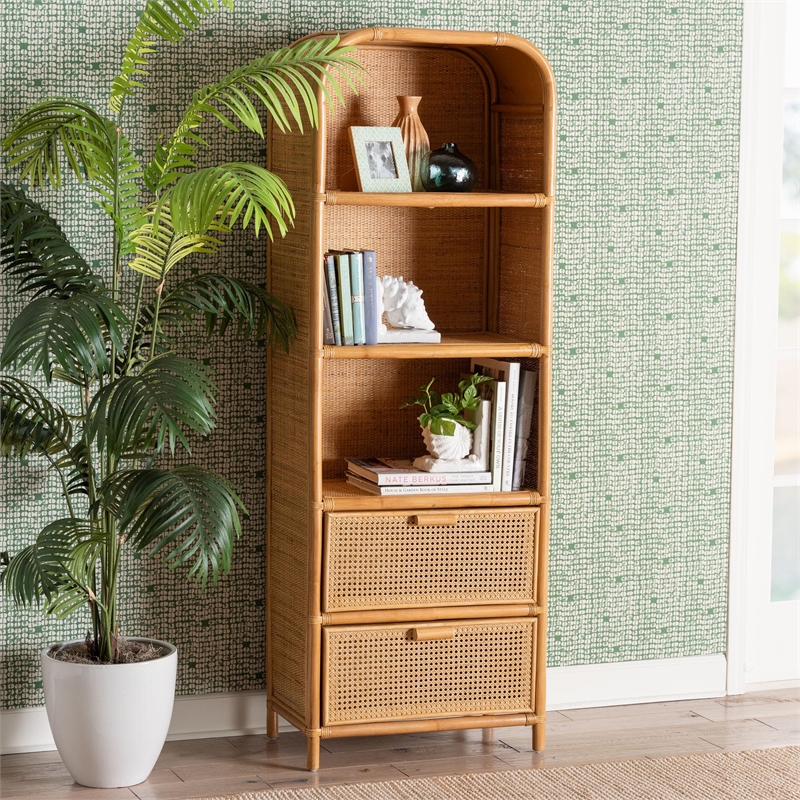 Bowery Hill Modern Bohemian Light Honey Rattan 2-Drawer Bookcase