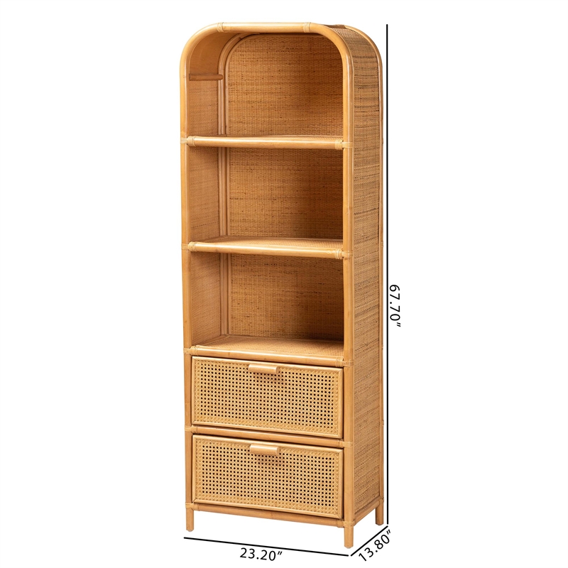 Bowery Hill Modern Bohemian Light Honey Rattan 2-Drawer Bookcase