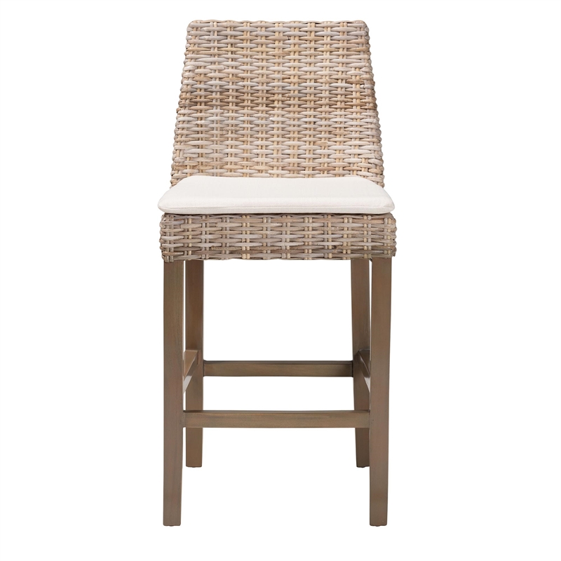 Bowery Hill Gray Rattan and Rustic Taupe Mahogany Wood Counter Stool