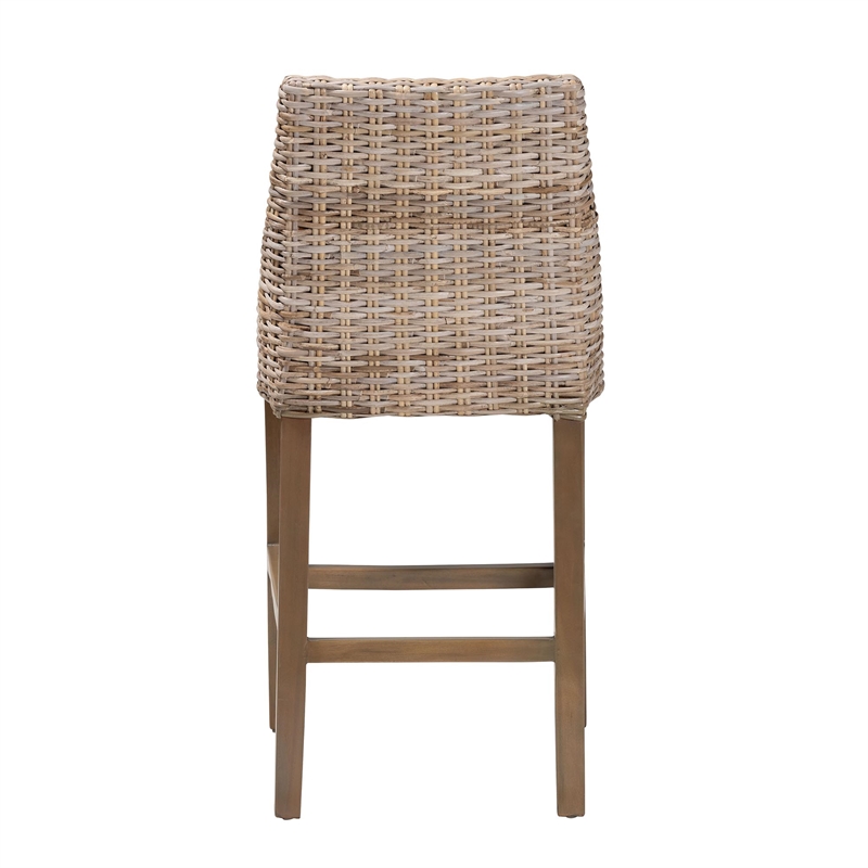 Bowery Hill Gray Rattan and Rustic Taupe Mahogany Wood Counter Stool