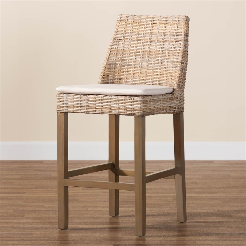 Bowery Hill Gray Rattan and Rustic Taupe Mahogany Wood Counter Stool