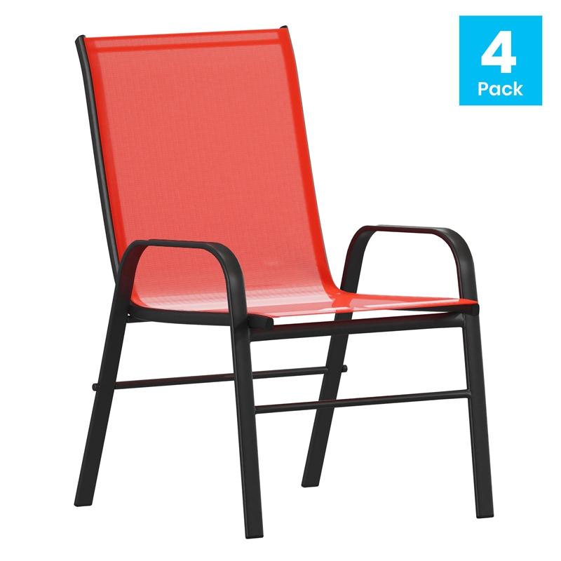 Bowery Hill Modern Metal Patio Stack Chair in Red (Set of 4)