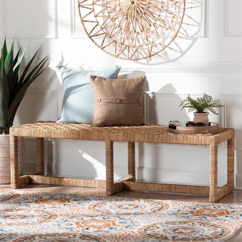 Bowery Hill Bohemian Seagrass and Mahogany Wood Accent Bench