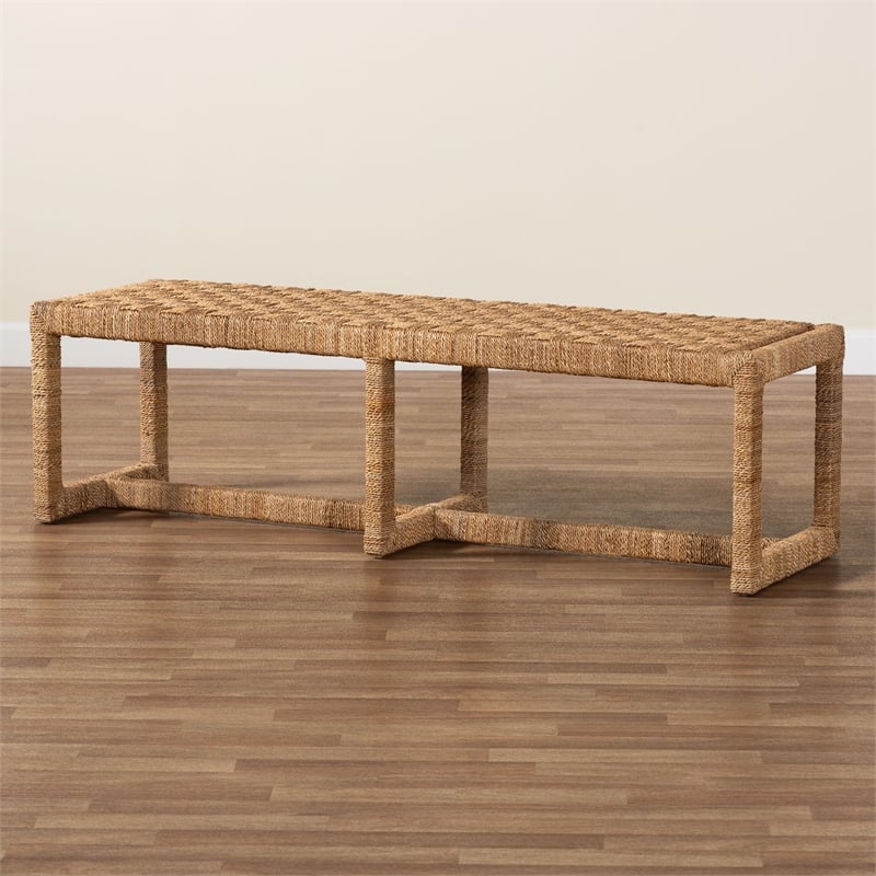 Bowery Hill Bohemian Seagrass and Mahogany Wood Accent Bench