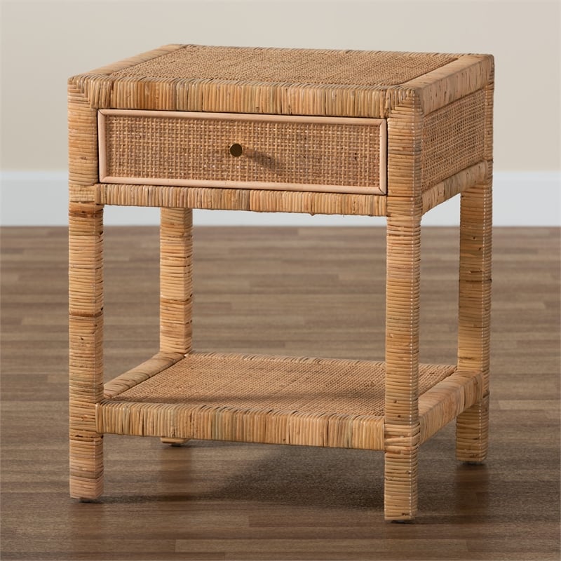 Bowery Hill Natural Rattan and Mahogany Wood 1-Drawer Nightstand