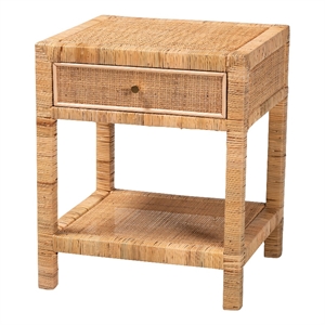 Bowery Hill Natural Rattan and Mahogany Wood 1-Drawer Nightstand