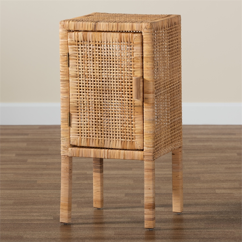 Bowery Hill Modern Bohemian Natural Brown Rattan 1-Door Nightstand