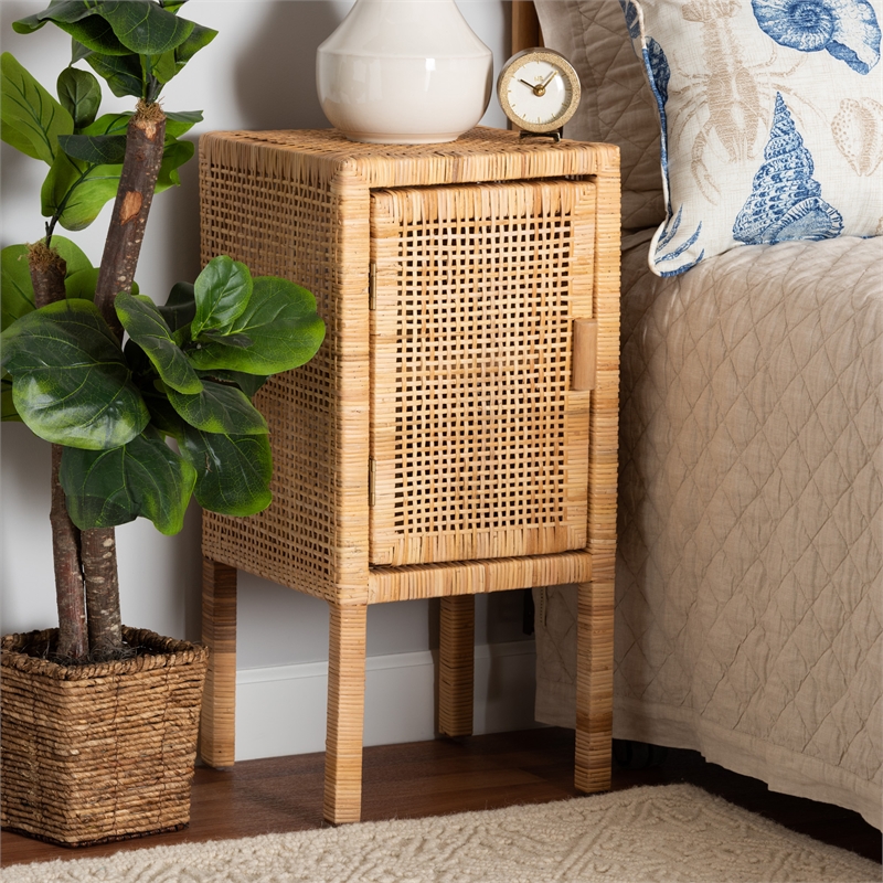 Bowery Hill Modern Bohemian Natural Brown Rattan 1-Door Nightstand