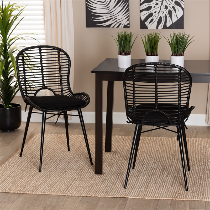 Bowery Hill Bohemian Black Finished Rattan and Metal Dining Chair