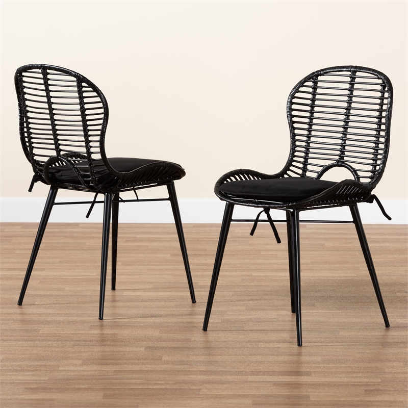 Bowery Hill Bohemian Black Finished Rattan and Metal Dining Chair