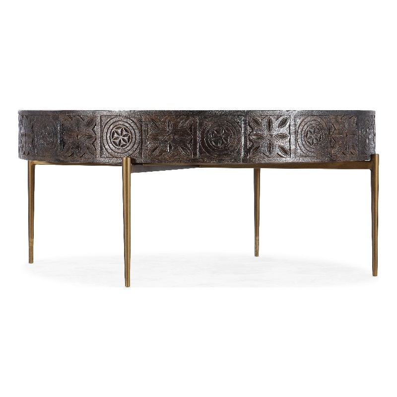 Bowery Hill Modern Carved Round Cocktail Table in Brown Wood