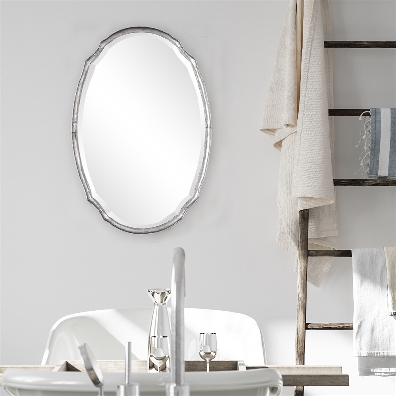Bowery Hill Oval Contemporary Iron Metal and MDF Mirror in Silver