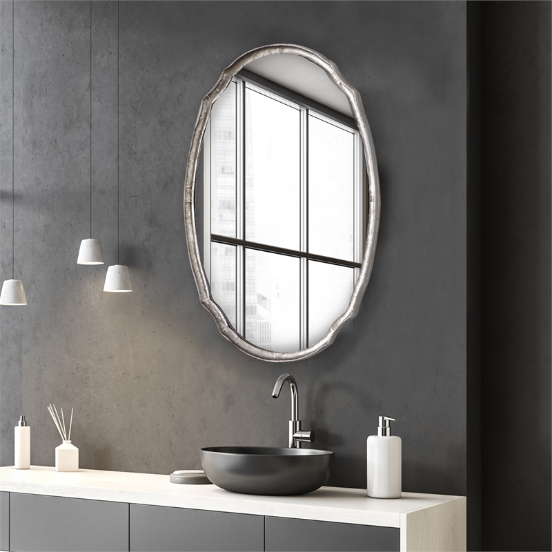 Bowery Hill Oval Contemporary Iron Metal and MDF Mirror in Silver