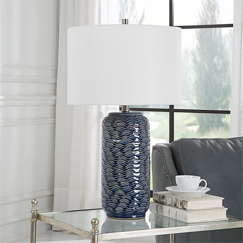 Bowery Hill 1-Light Coastal Ceramic and Fabric Table Lamp in Blue