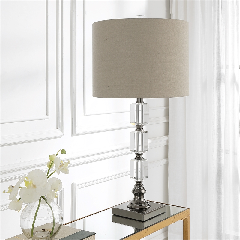 Bowery Hill 1-Light Contemporary Metal & Crystal Table Lamp in Nickel