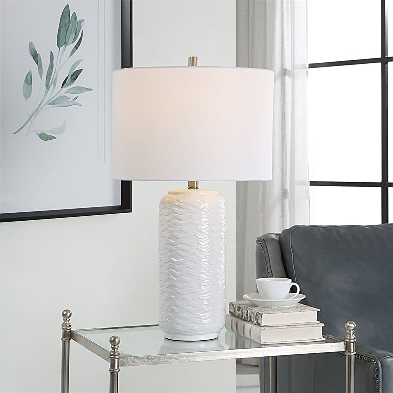 Bowery Hill 1-Light Coastal Ceramic Table Lamp in White/Brushed Nickel