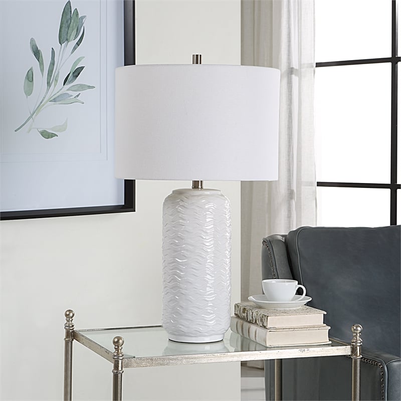 Bowery Hill 1-Light Coastal Ceramic Table Lamp in White/Brushed Nickel