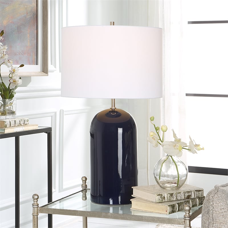 Bowery Hill 1-Light Coastal Ceramic and Fabric Table Lamp in Navy Blue