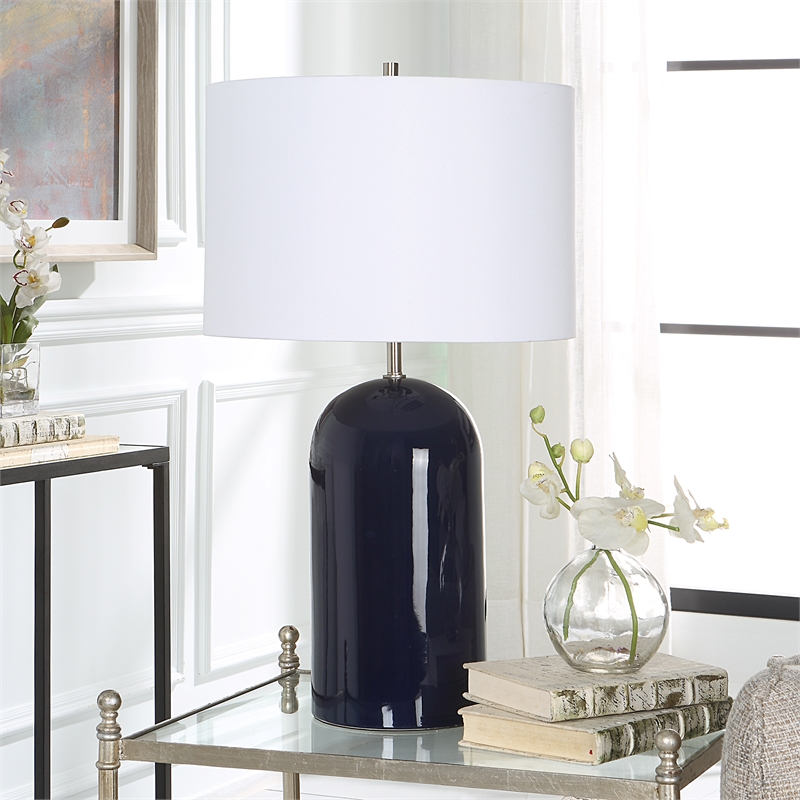 Bowery Hill 1-Light Coastal Ceramic and Fabric Table Lamp in Navy Blue