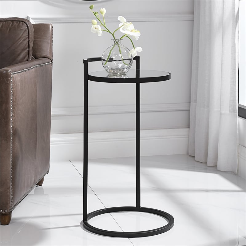 Bowery Hill Contemporary Metal Accent Table with Mirrored Top in Black