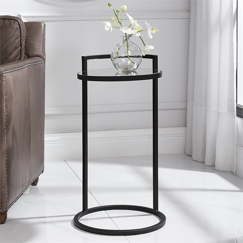 Bowery Hill Contemporary Metal Accent Table with Mirrored Top in Black