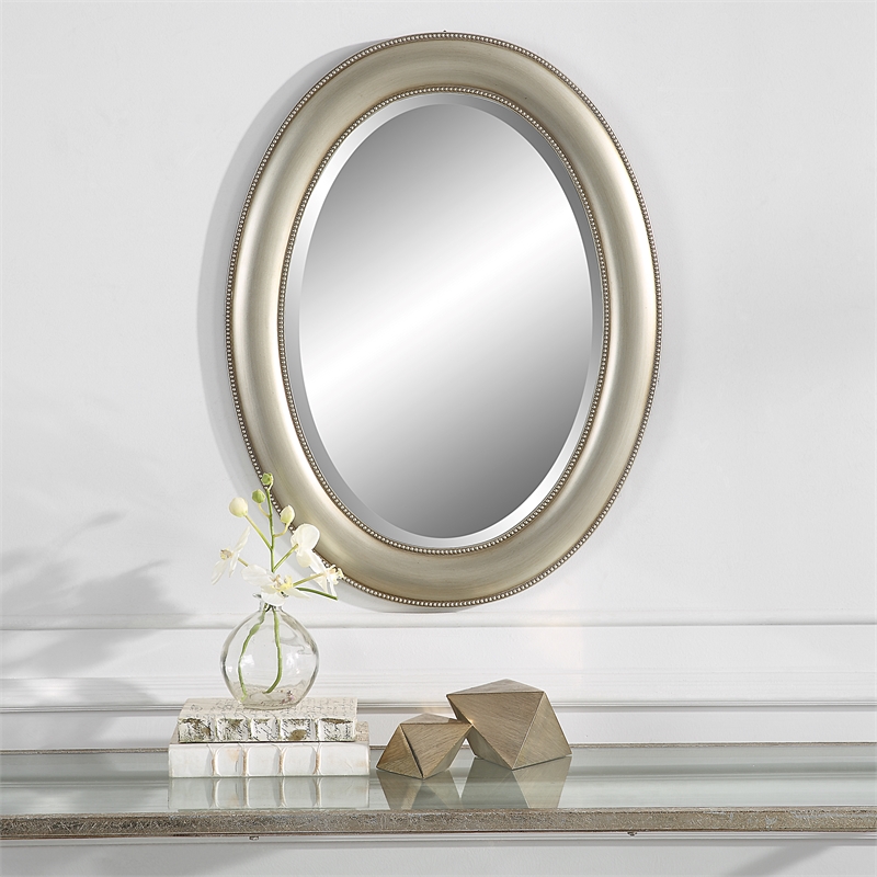 Bowery Hill Oval Farmhouse Polystyrene Plastic and MDF Mirror in Silver