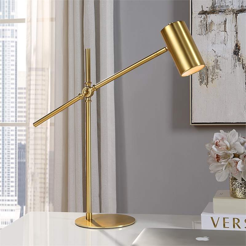 Bowery Hill 1-Light Coastal Metal Desk Lamp with Cylinder Shade in Brushed Gold