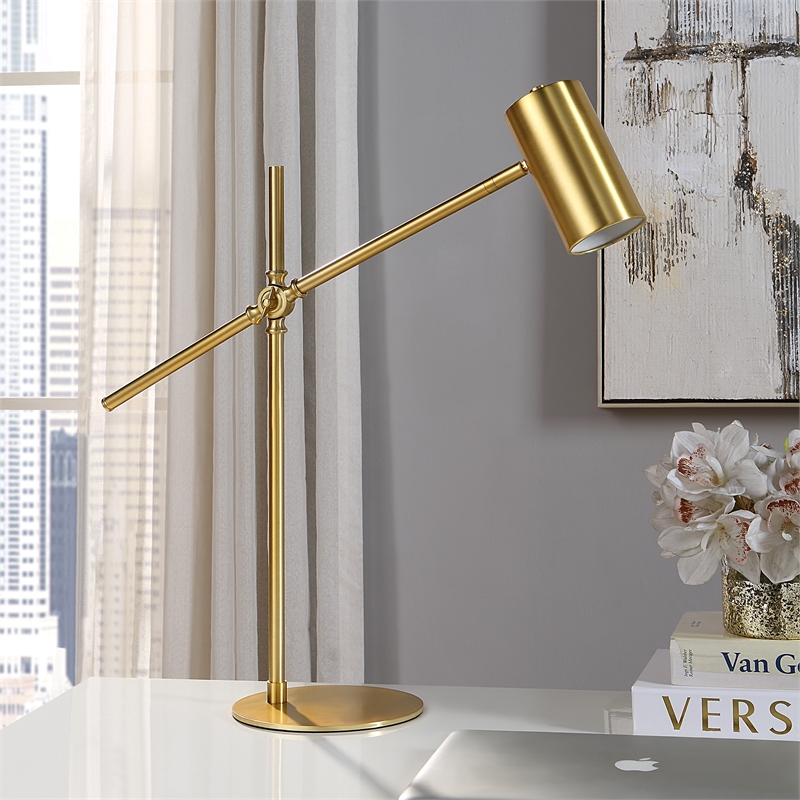 Bowery Hill 1-Light Coastal Metal Desk Lamp with Cylinder Shade in Brushed Gold
